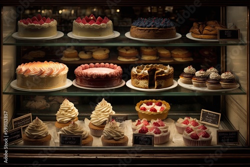 Various desserts are on display at a neighborhood bakery. Generative AI