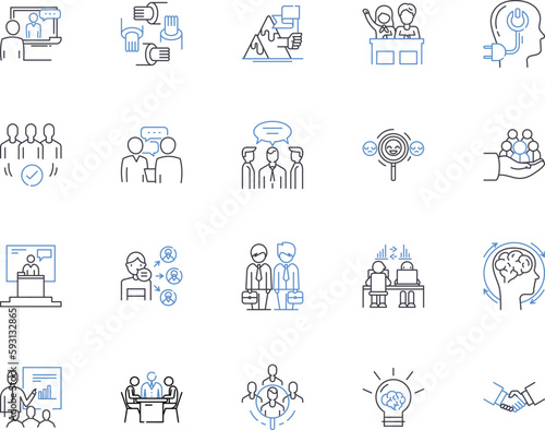 Business organization outline icons collection. Organization, Business, Management, Planning, Strategy, Team, Cooperation vector and illustration concept set. Cooperation, Structure, Goal linear signs