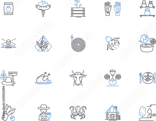 Farming outline icons collection. Cropping, Cultivation, Plowing, Planting, Tillage, Irrigation, Reaping vector and illustration concept set. Harvesting, Sowing, Weeding linear signs