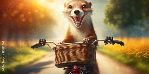 weasel have fun bicycle ride on sunshine day in summer on town street photo