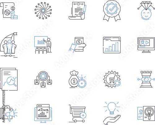 Strategy and planing outline icons collection. Strategy, Planning, Designing, Analysis, Outline, Scenario, Course vector and illustration concept set. Process, Purpose, Aim linear signs