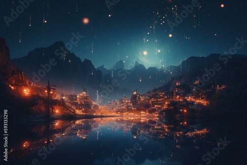 A futuristic city with a mountain and stars in the sky and a lot of lights volumetric lights a 3d render generative art. Generative AI