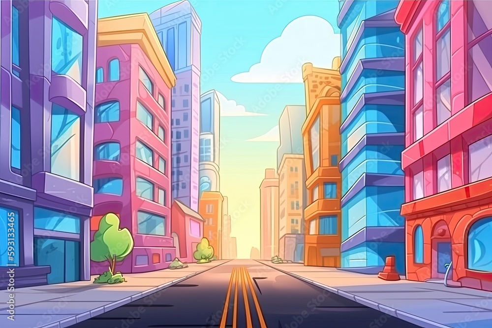 Naklejka premium bustling city street with colorful buildings and characters. Generative AI