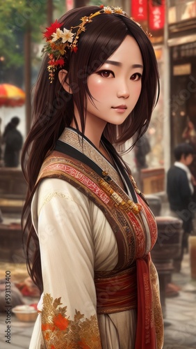 Beautiful asian woman in kimono in chinese town generative ai