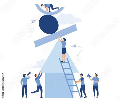  a group of people collect abstract geometric elements forming a pyramid,  financial pyramid or marketing pyramid, flat vector modern illustration