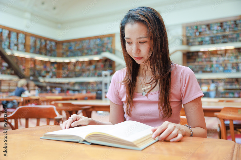 図書館で本を読む女性 図書館で本を読む女性