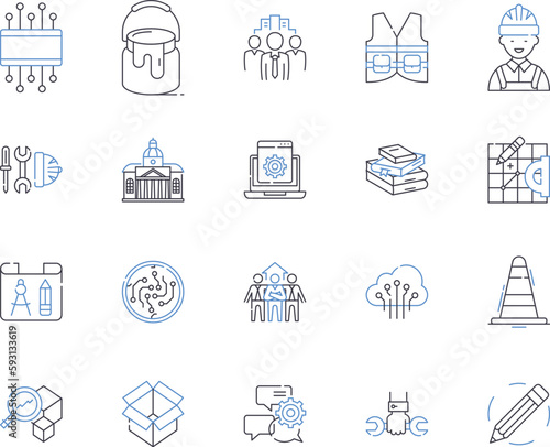 Engineering essentials outline icons collection. Engineering, Essentials, Design, Manufacturing, Engineering-Sciences, Structural, Automation vector and illustration concept set. Components, Systems