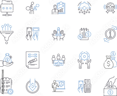 Bookkeeping outline icons collection. Bookkeeping, Accounting, Finances, Ledger, Records, Balance, Reconcile vector and illustration concept set. Transaction, Expenses, Income linear signs