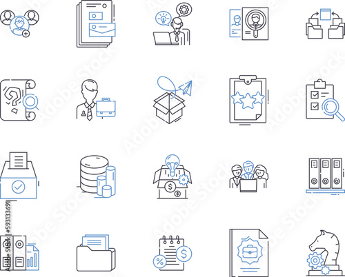Document flow outline icons collection. Document, Flow, Management, Automation, Tracking, Log, System vector and illustration concept set. Audit, Review, Storage linear signs photo