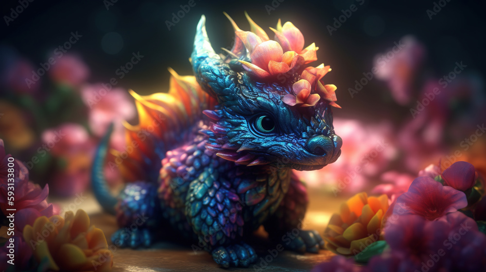 Dragon illustration with flower. Generative AI. Dragon illustration with flower. Generative AI.