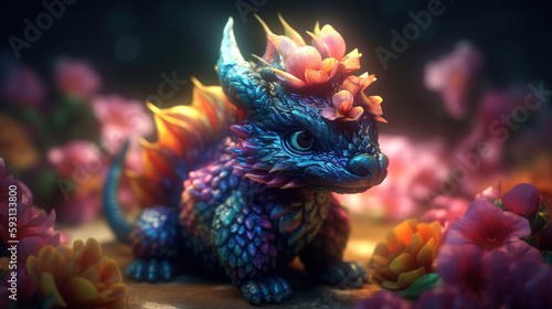 Dragon illustration with flower. Generative AI.