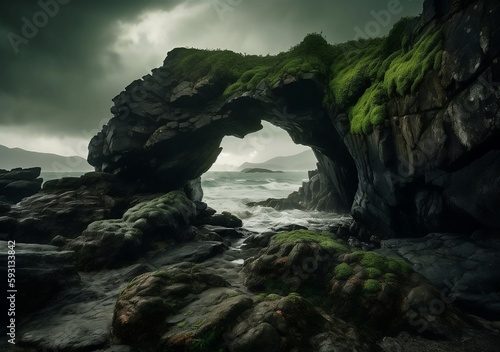 Dark stormy clouds over a rocky beach with ethereal rock formations