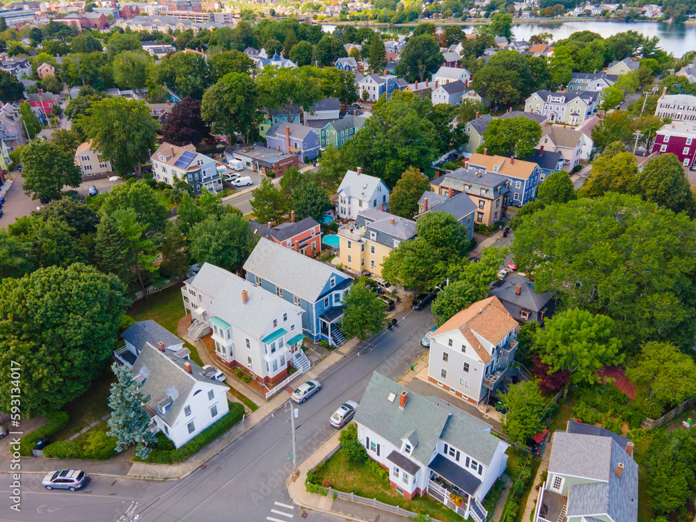 Old residence buildings aerial view in historic city center of Salem in Massachusetts MA, USA. 