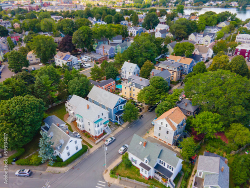 Old residence buildings aerial view in historic city center of Salem in Massachusetts MA, USA. 