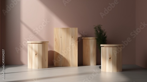 Wooden podium for product presentation in modern interior,Natural minimalis luxury podium.Generative Ai © Rudsaphon