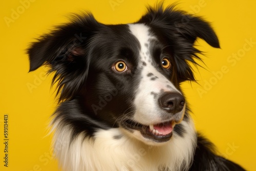 black and white dog against a bright yellow background. Generative AI