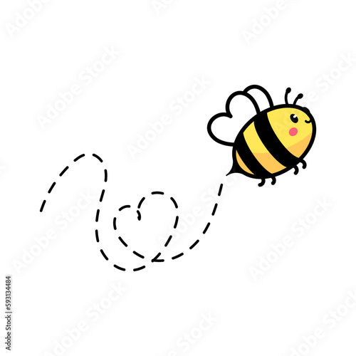 cartoon cute little bee flying on the dotted line to find sweet honey