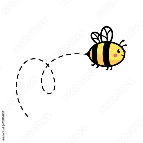 cartoon cute little bee flying on the dotted line to find sweet honey