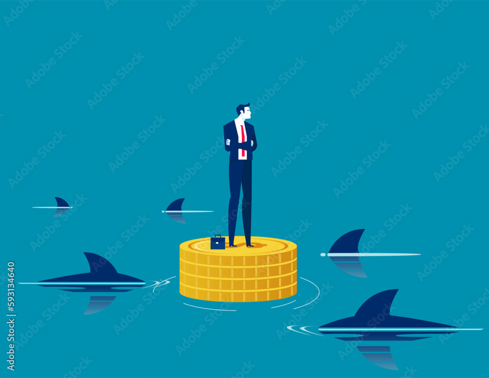 Standing with gold coins around the shark. Business vector illustration concept Standing with gold coins around the shark. Business vector illustration concept