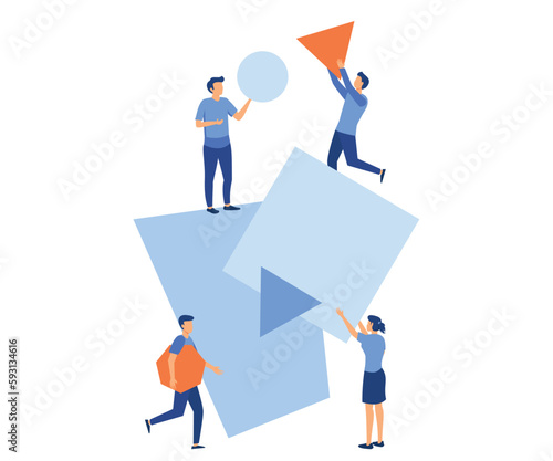  A team of people assemble an abstract geometric puzzle. characters collect geometric shapes, flat vector modern illustration
