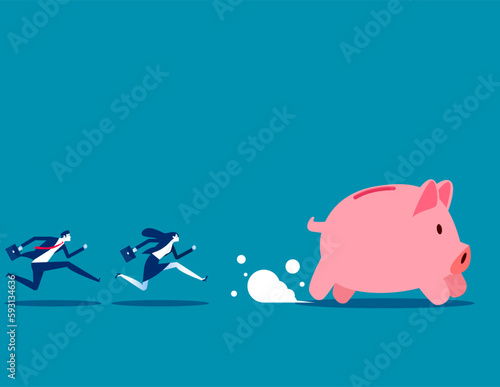 Two business person chasing pigs running. Business vector illustration concept