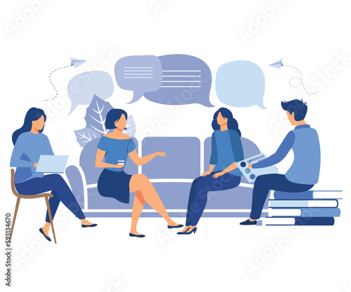 workers are sitting at the negotiating table, thinking and brainstorming, company information analytics, flat vector modern illustration