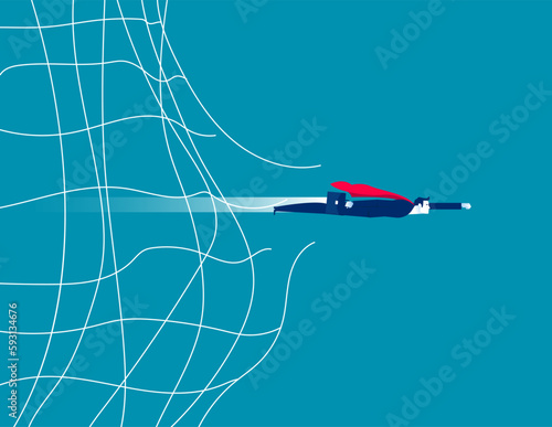 The business person broke through the net and flew out. Business vector illustration