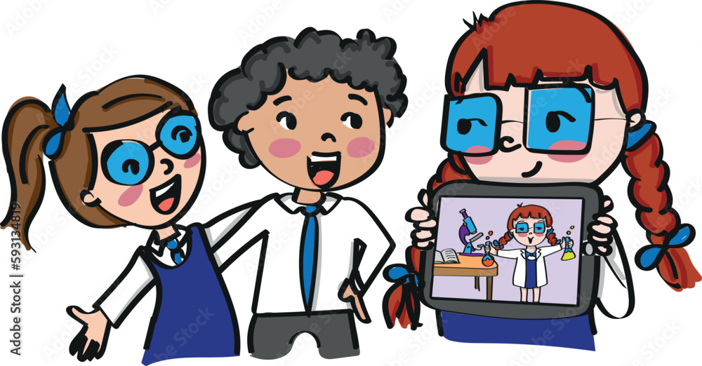 Schoolchildren watching video scientific girl Schoolchildren watching video scientific girl