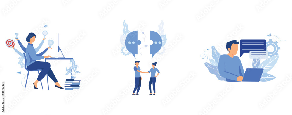 virtual business assistant, multifunctional worker, businessmen discuss social networks, customer service, online global technical support 24/7, set flat vector modern illustration virtual business assistant, multifunctional worker, businessmen discuss social networks, customer service, online global technical support 24/7, set flat vector modern illustration