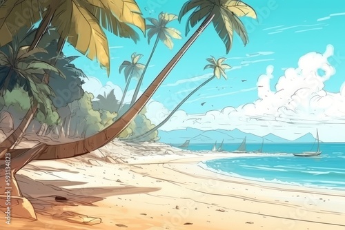 Tropical Beach with Palm Trees in the Background. Generative AI