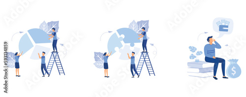 Concept of financial management, people as puzzles collect infographics, statistics and business report, financial problems, presses office worker with a headache, set flat vector modern illustration