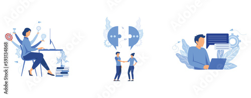  virtual business assistant, multifunctional worker, businessmen discuss social networks,  customer service,  online global technical support 24/7, set flat vector modern illustration