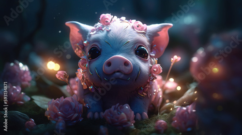 Pig illustration with flower. Generative AI.