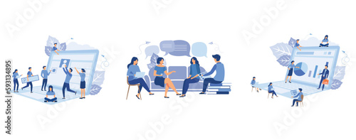 A team of people is developing a website by filling it with functions, workers are sitting at the negotiating table, Online business conference, set flat vector modern illustration