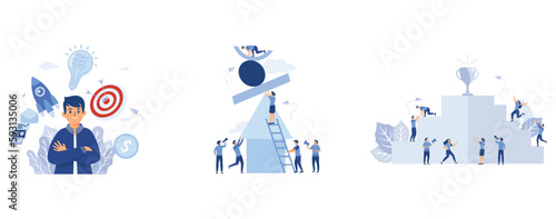 leader success working multitasking, creative metaphor financial pyramid or marketing pyramid, career planning, career development concept, set flat vector modern illustration