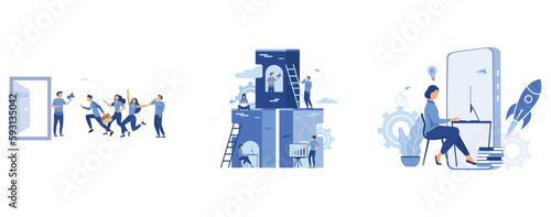 Recruitment recruitment agency, crowd of running people, Creative space, freelancer, cooperation and partnership, promotion, work from home on the internet, set flat vector modern illustration