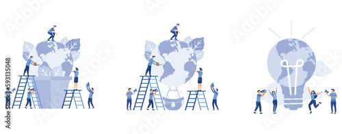  Earth day concept, people prepare for the day of the environment,  a balloon in the form of a planet, save energy and planet, flat vector modern illustration