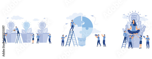  business concept analysis, people grow potted plants, people with lightbulb puzzle, meditation during working hours, flat vector modern illustration 