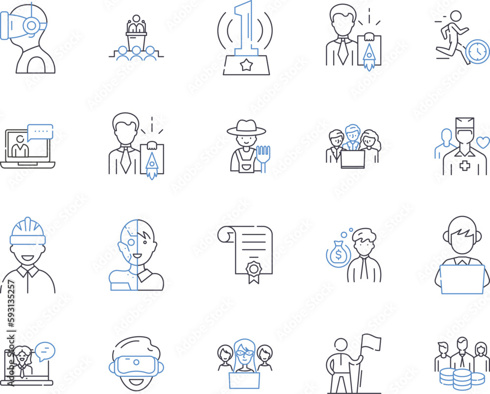 Job and management outline icons collection. Job, Management, Recruitment, Employment, Leadership, Opportunity, Hiring vector and illustration concept set. Position, Promotion, Termination linear Job and management outline icons collection. Job, Management, Recruitment, Employment, Leadership, Opportunity, Hiring vector and illustration concept set. Position, Promotion, Termination linear