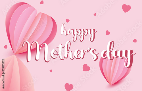 Mother's Day greeting card. mum banner vector with 3d flying hearts pink papercut. symbol of love and handwritten letters on pink background.