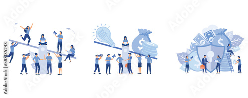 the concept of overweight, cost, power and comparison, groups of people who inject money into an idea on a swing and outweighs it, financial saving insurance, safe business economy, set flat vector mo