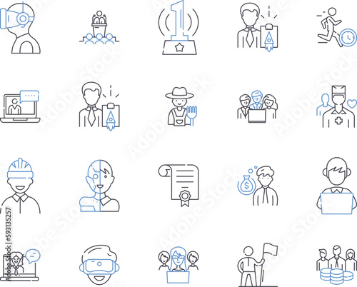 Job and management outline icons collection. Job, Management, Recruitment, Employment, Leadership, Opportunity, Hiring vector and illustration concept set. Position, Promotion, Termination linear