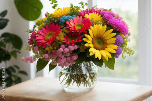 Wallpaper Mural An arrangement of vibrant and varied flowers in a transparent glass vase, lit by soft natural light. Generative AI Torontodigital.ca
