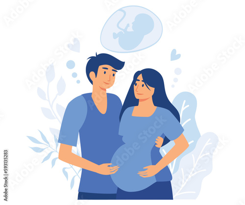 Woman with problems of reproductive system dreams of child, Couple suffering from infertility dreams of having baby,  flat vector modern illustration