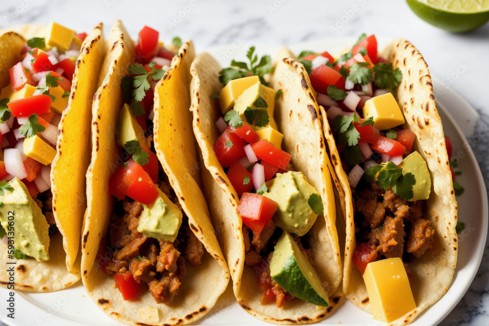 Mexican tacos with meat, guacamole, pico de gallo, and cheese, served on a white plate. Generative AI Mexican tacos with meat, guacamole, pico de gallo, and cheese, served on a white plate. Generative AI
