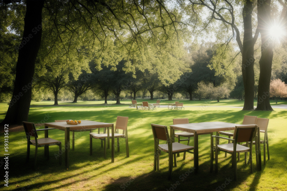 Table with chairs in a park. Generative AI Table with chairs in a park. Generative AI