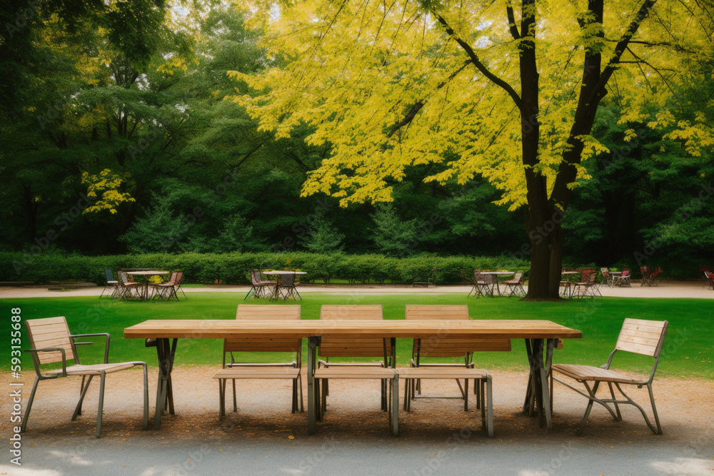 Obraz premium Table with chairs in a park. Generative AI