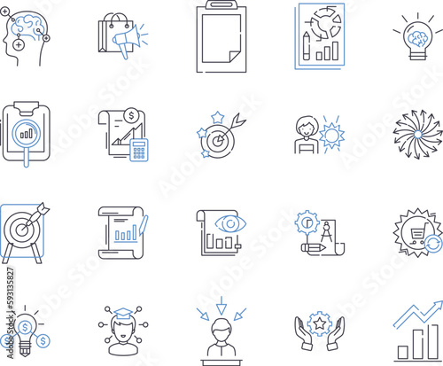 Strategy and brainstorming outline icons collection. Strategy, Brainstorming, Planning, Analyzing, Conceptualizing, Ideating, Thinking vector and illustration concept set. Innovating, Assessing
