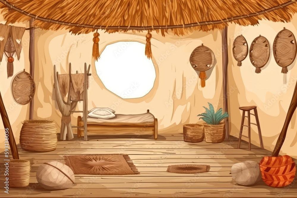 Cozy Bedroom with Thatched Roof and Comfy Bed. Generative AI