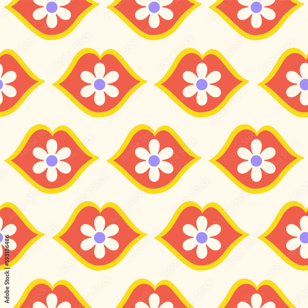 Groovy floral seamless pattern with red lips and daisy flowers . Hippie retro print for textile, wrapping paper, web design and social media in style 60s, 70s. Vector illustration Groovy floral seamless pattern with red lips and daisy flowers . Hippie retro print for textile, wrapping paper, web design and social media in style 60s, 70s. Vector illustration